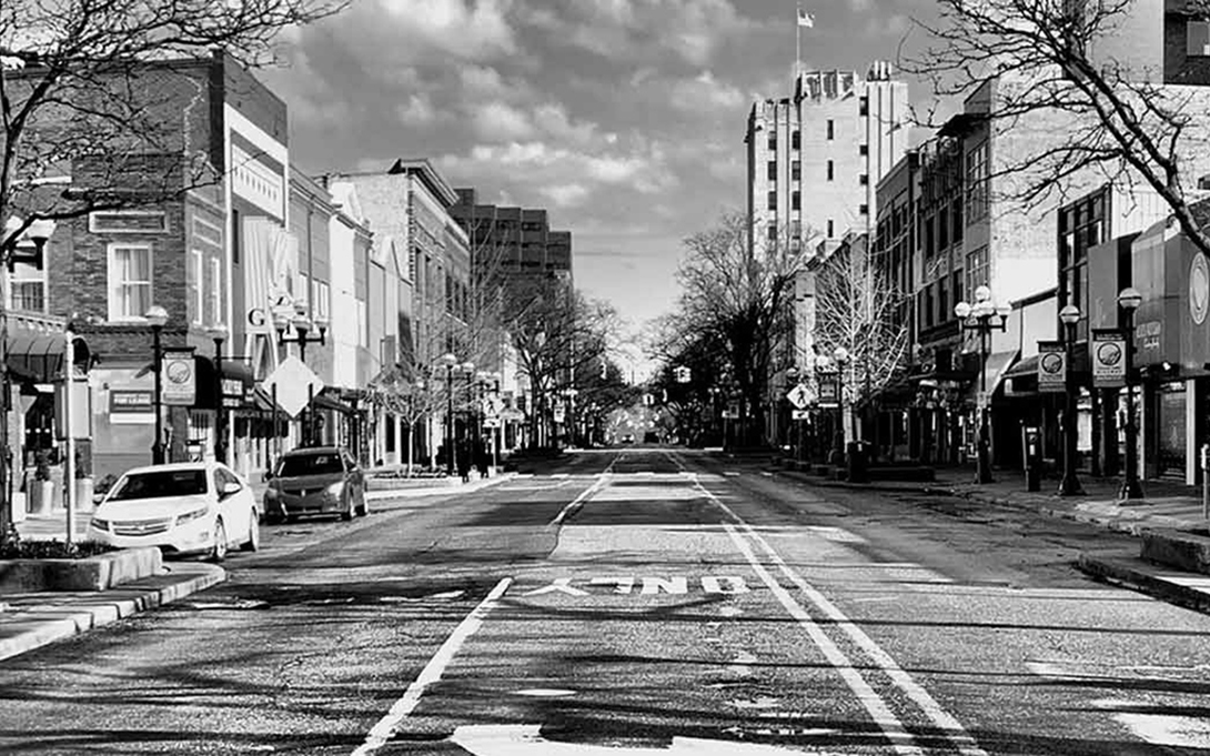 Black and white image of downtown